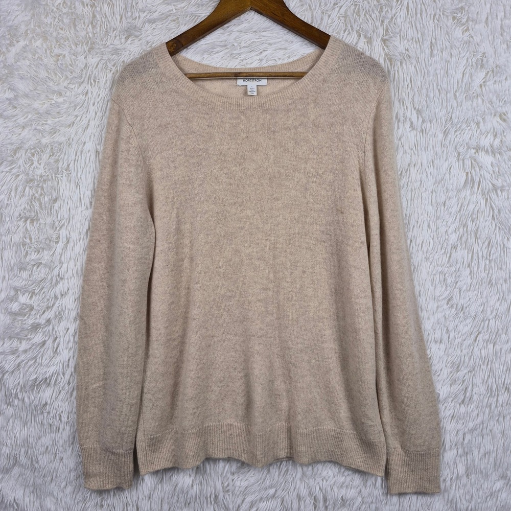 Nordstrom 100% Cashmere Crewneck Sweater Oatmeal Beige Womens L Quiet Luxury